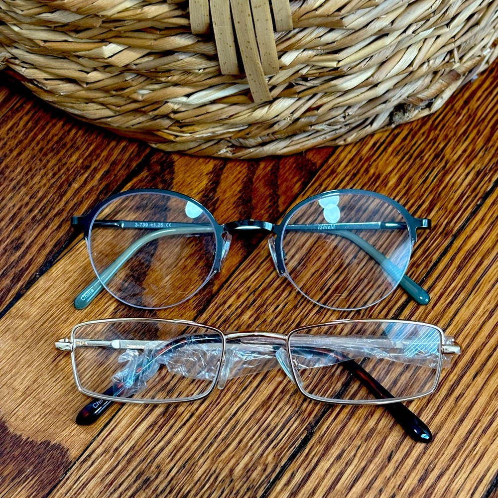 Two Pairs Reading Glasses +1.25- Round Blue Frame & Rectangular Gold Frame